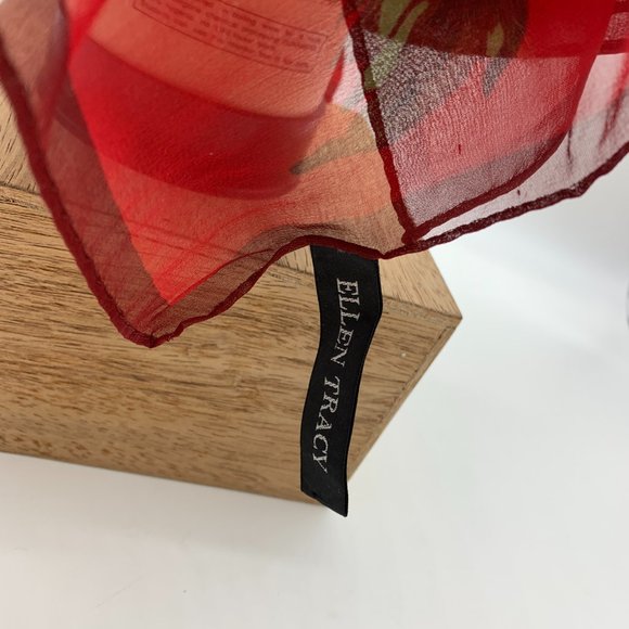 Ellen Tracy red floral sheer silk scarf approximately 21" x 22" - Picture 5 of 9